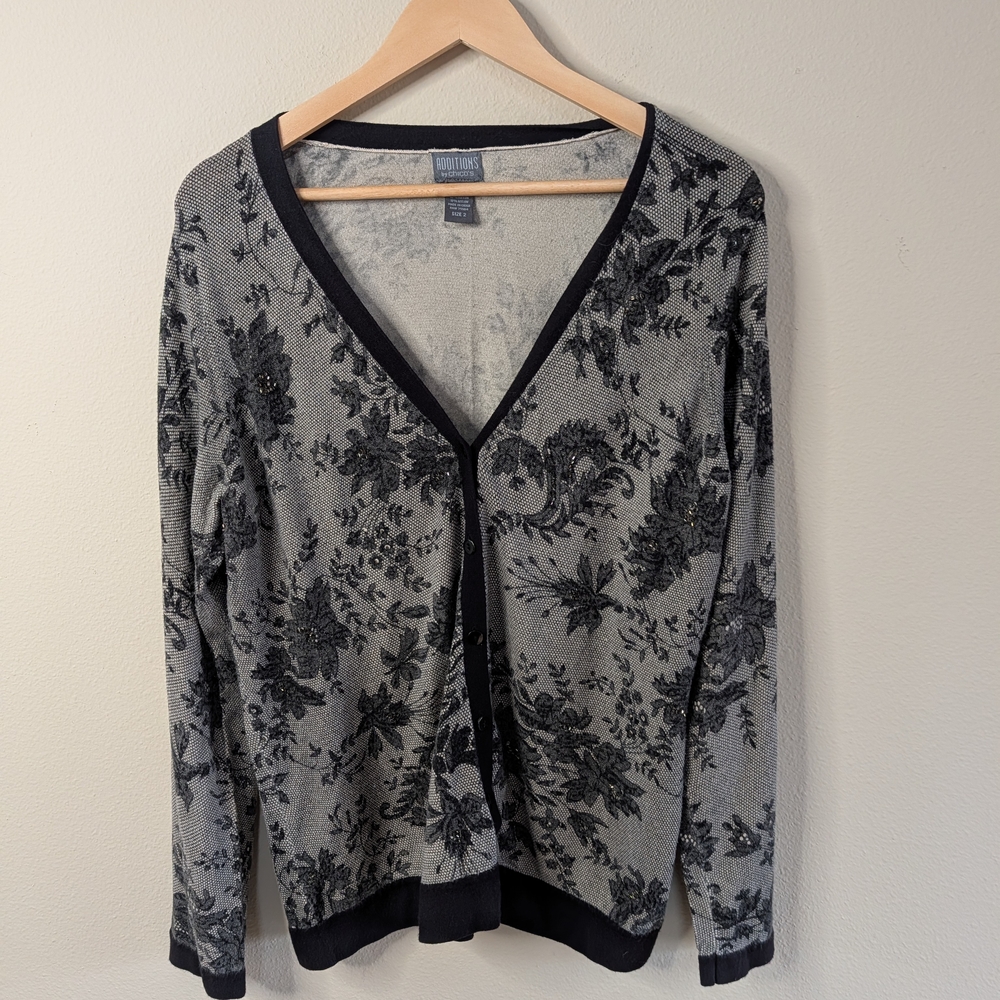 Chico's Additions Floral Burnout Cardigan Size 2 Beaded V-Neck